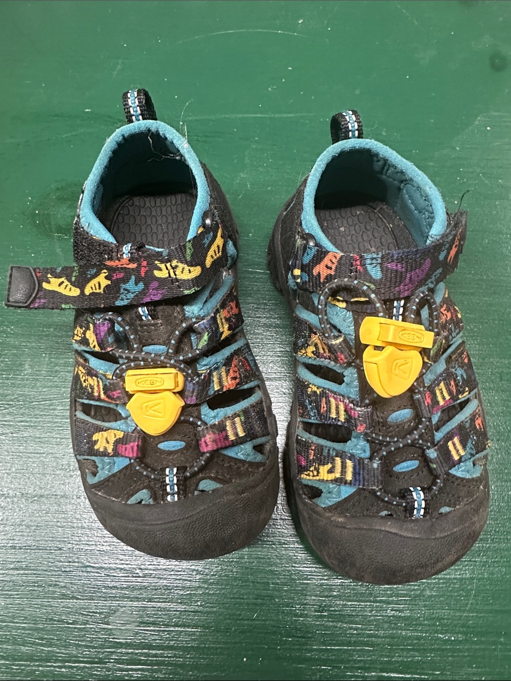 Keen Kids Black Sandals with Teal Lining & Yellow Toggles